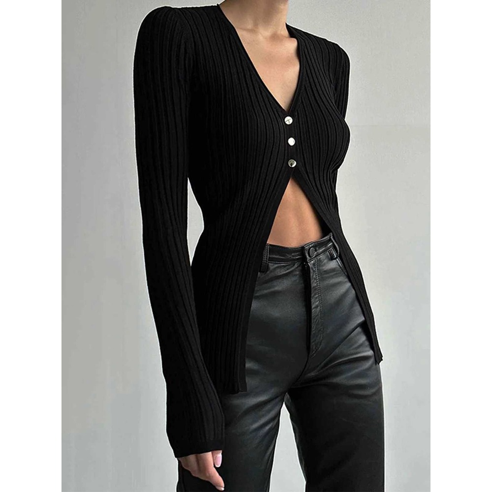 COMMENSE Black Ribbed Knit V Neck Button Front Split Hem Long Cardigan L